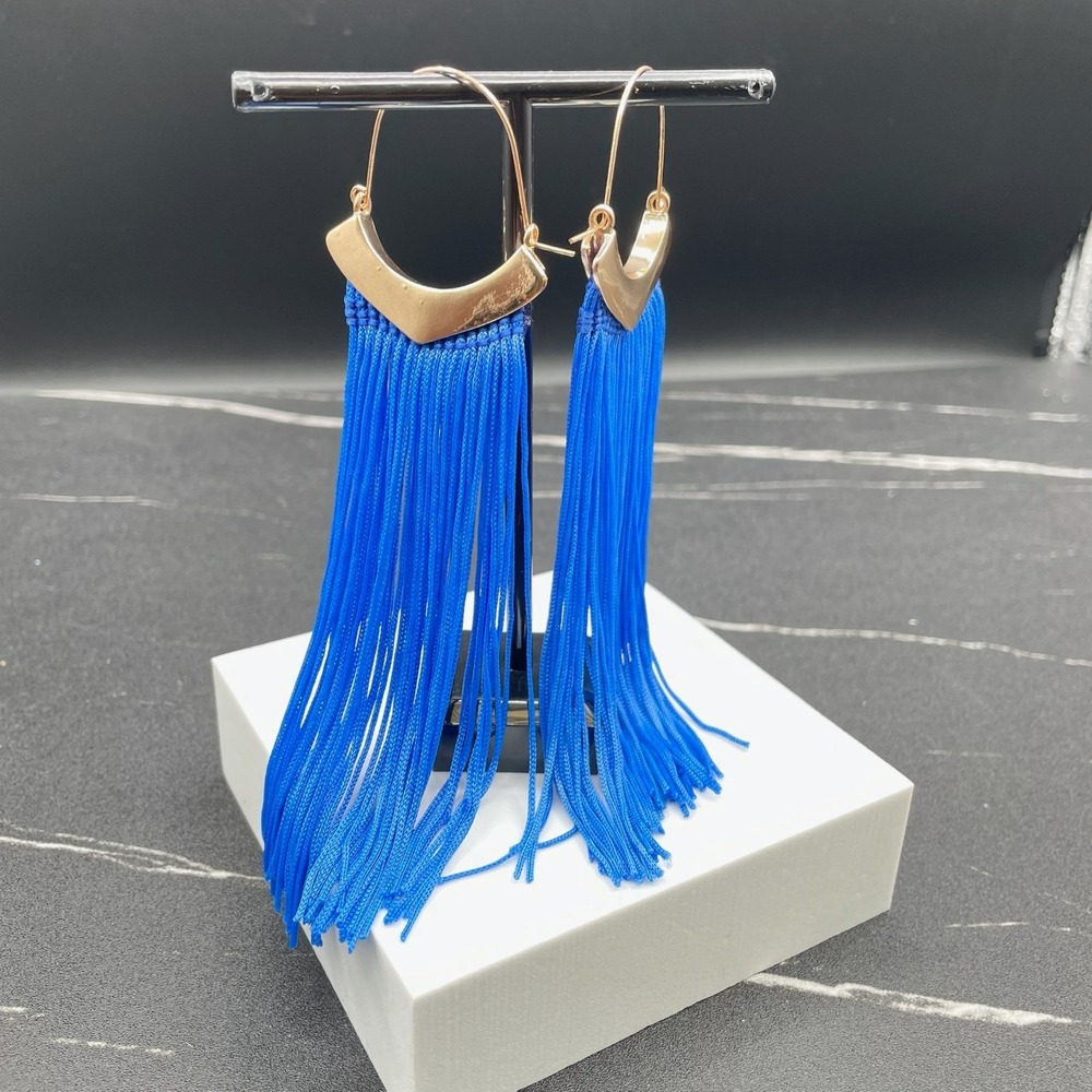 Modern Gold-Tone Fashion Blue‎ Tassel Fringe Shoulder-Duster Hoop Earrings